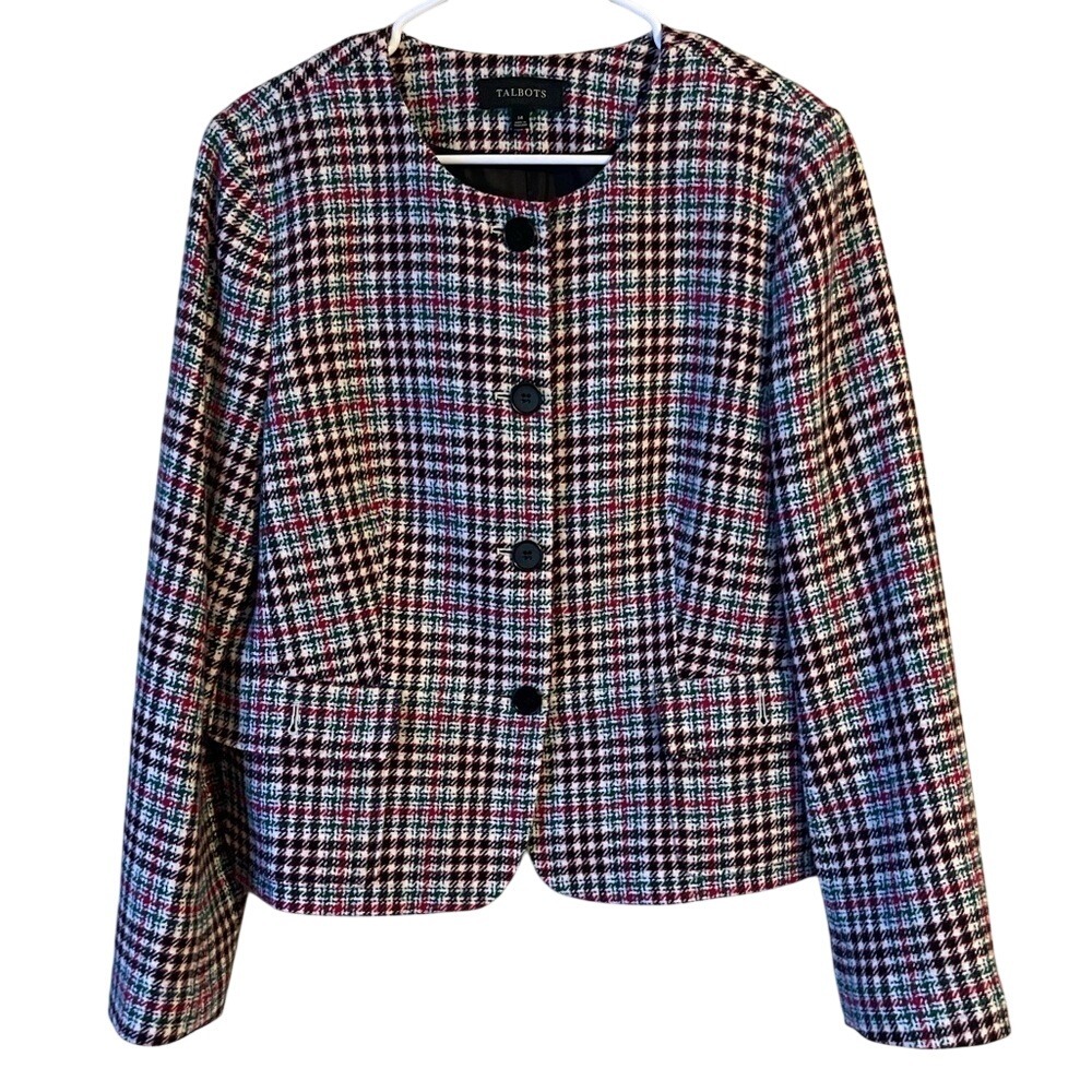Talbots Pink Green Houndstooth Plaid Blazer